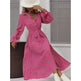Women's Long Sleeve Midi Dress V Neck Button Down Belted A-Line Flowy EX-STOCK
