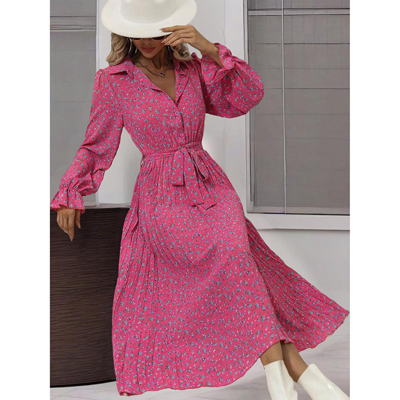 Women's Long Sleeve Midi Dress V Neck Button Down Belted A-Line Flowy EX-STOCK