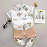 Summer  Flower Lapel Shirt Two-piece Set for boys Short sleeve shirt and short pant