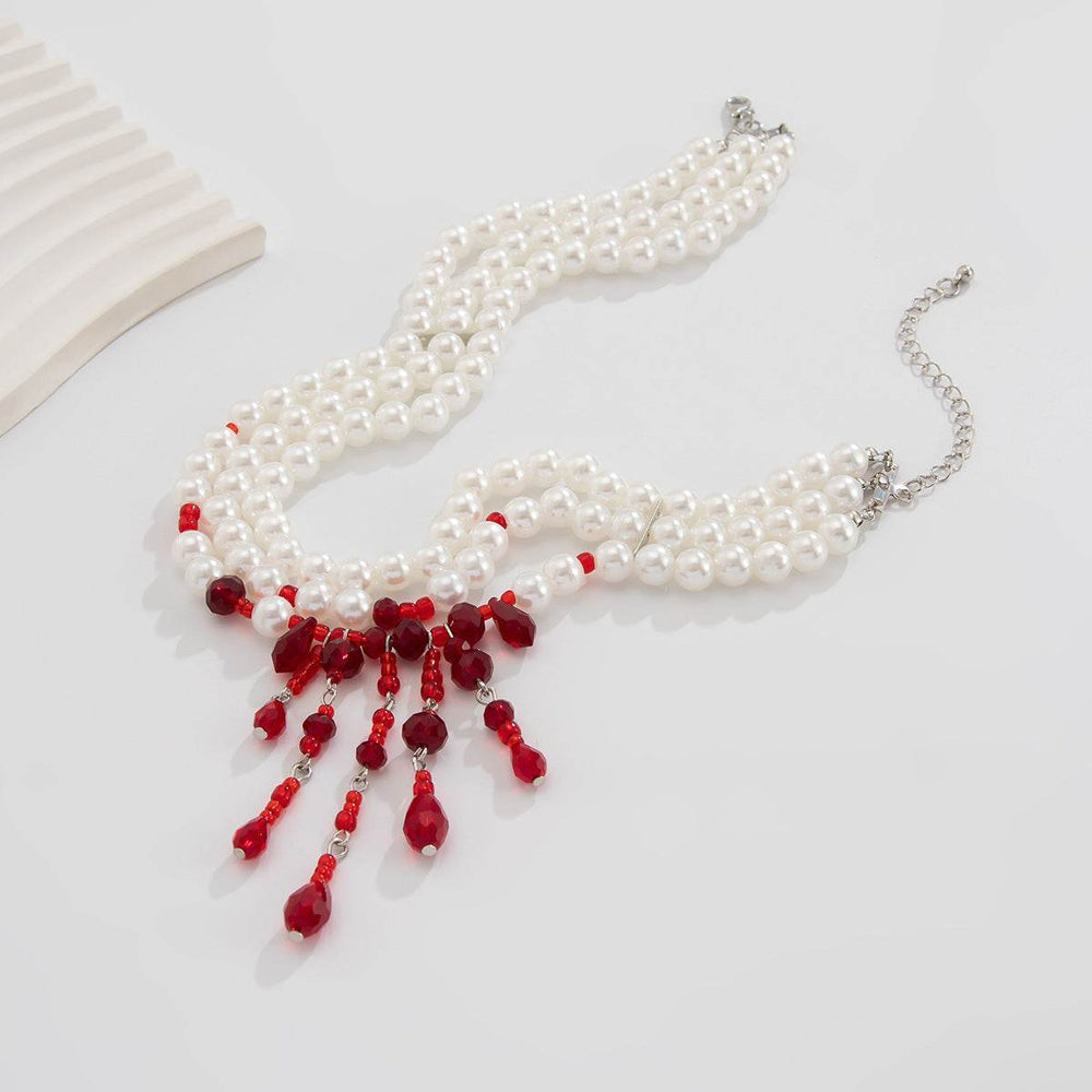 Halloween Blood Drop Tassel Pearl Crystal Necklace - EX-STOCK Canada