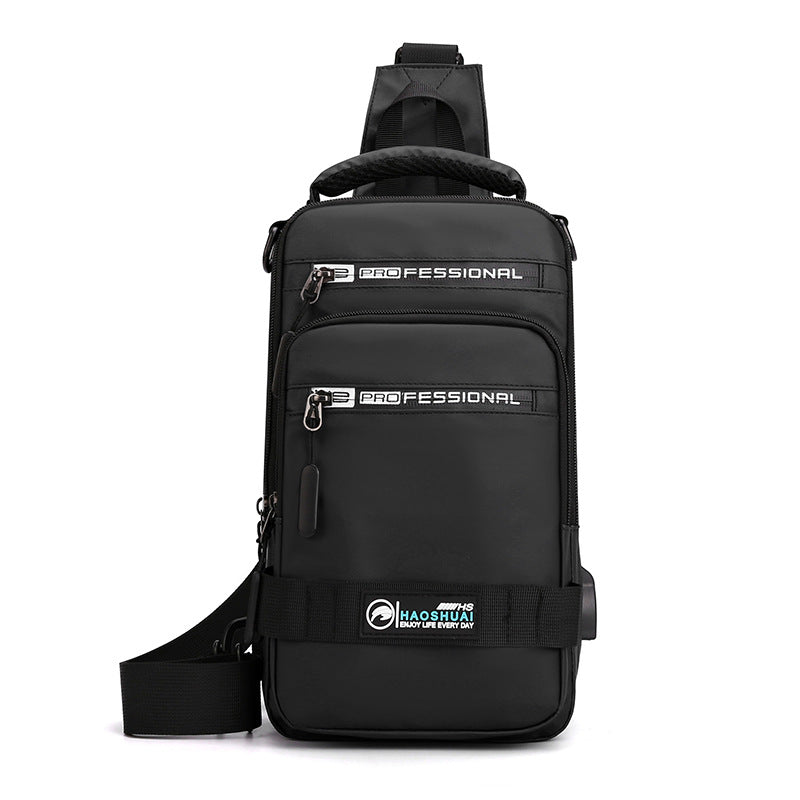 Black sling bag with visible branding on a white background