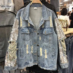 Street Fashion Heavy Industry lose Ripped Sequined Sleeve Denim Jacket Women - EX-STOCK CANADA