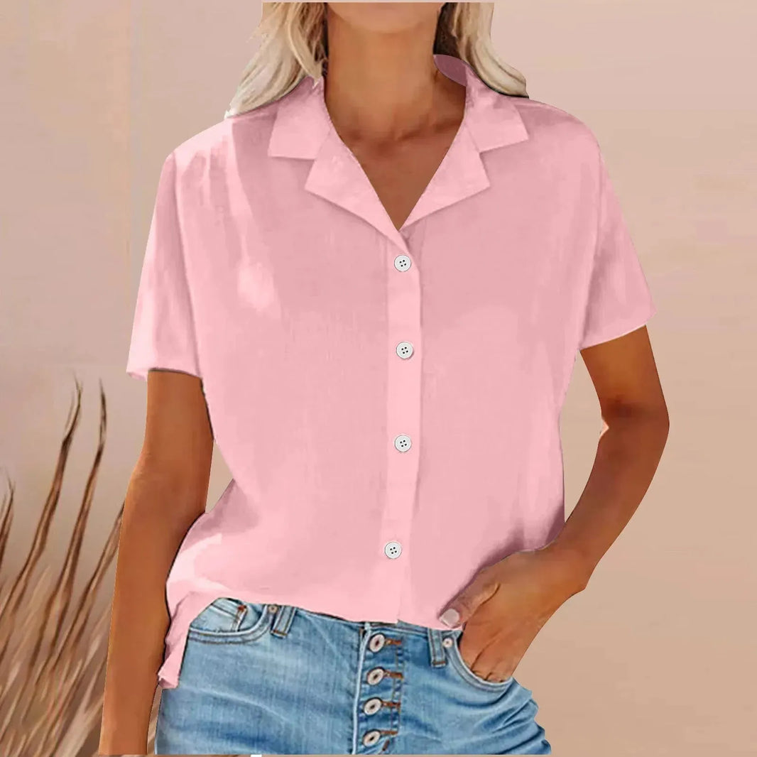 Spring Summer Lapel Cotton And Linen Casual short sleeve Shirt For Women