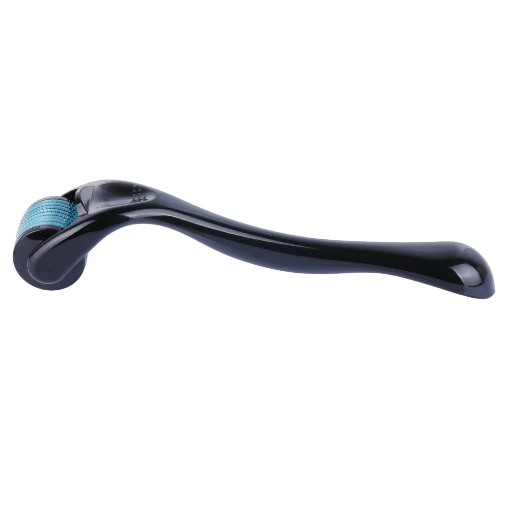 A black derma roller pen with a blue textured roller wheel, shown against a plain white background.