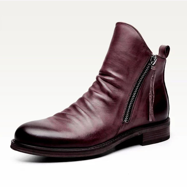Men's Side-Zip Ankle Boots | Ruched PU Leather | Black Brown Grey Dark Brown
