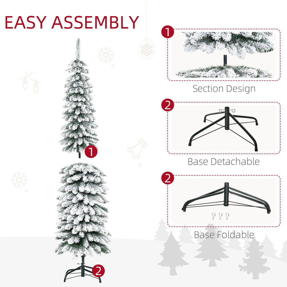 6 Ft Snow-Flocked Artificial Christmas Tree, Slim Pencil Xmas Tree With Realistic Branches, Metal Base, Green EX-STOCK Canada 