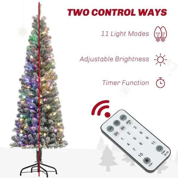 6ft Prelit Pencil Artificial Christmas Tree, Flocked Xmas Tree With Remote, Dual Colour LEDs, 429 Tips, Metal Stand EX-STOCK Canada 