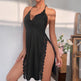 Elegant Women's Black Lace Slit Dress - Deep V-neck Lace Hem, Halter Thigh High Strap Pajamas, Soft Polyester And Spandex Blend, Perfect For Pajamas Or Evening Wear, Lace Dress EX-STOCK