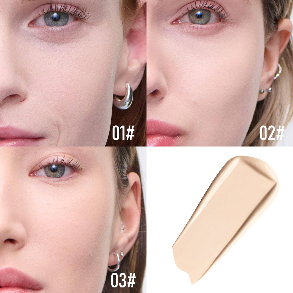 Close-up of a woman's face with different skin tones labeled 01#, 02#, and 03#. A makeup swatch is also included.