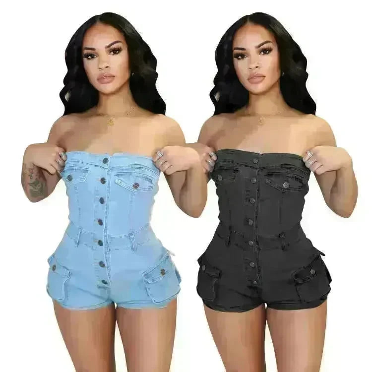 Strapless denim jumpsuit denim tube top jumpsuit  Denim short Jumpsuit women Denim Short Rompers jean romper shortsjean jumpsuit shorts - EX-STOCK CANADA