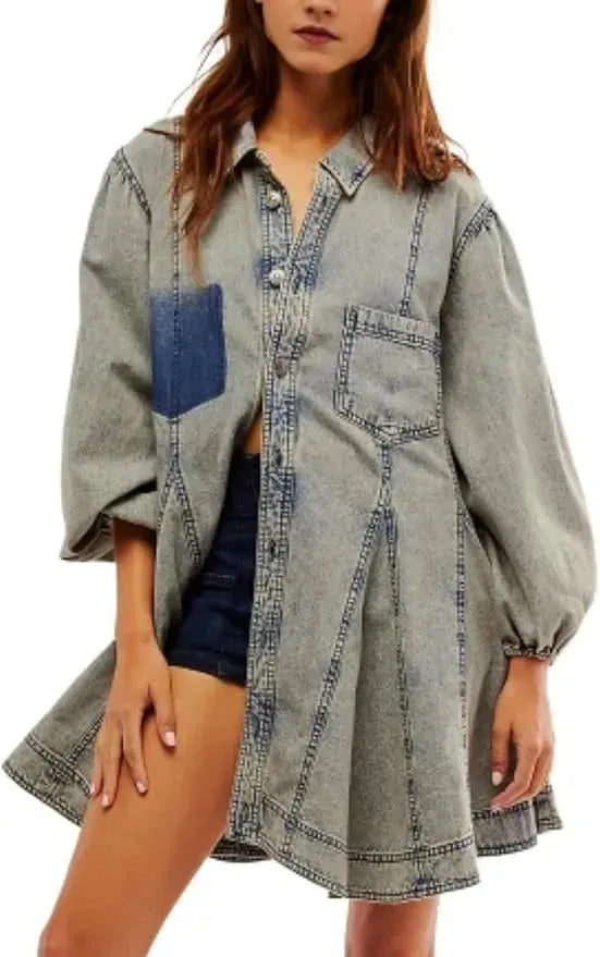 Women's Long Lantern Sleeve Button Denim Dress - EX-STOCK CANADA