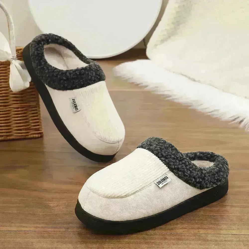 Fashion Solid Striped Cotton Slippers Winter Warm Indoor Bedroom Floor Slipper For Couples Non-slip Thick Sole House Shoes - EX-STOCK CANADA