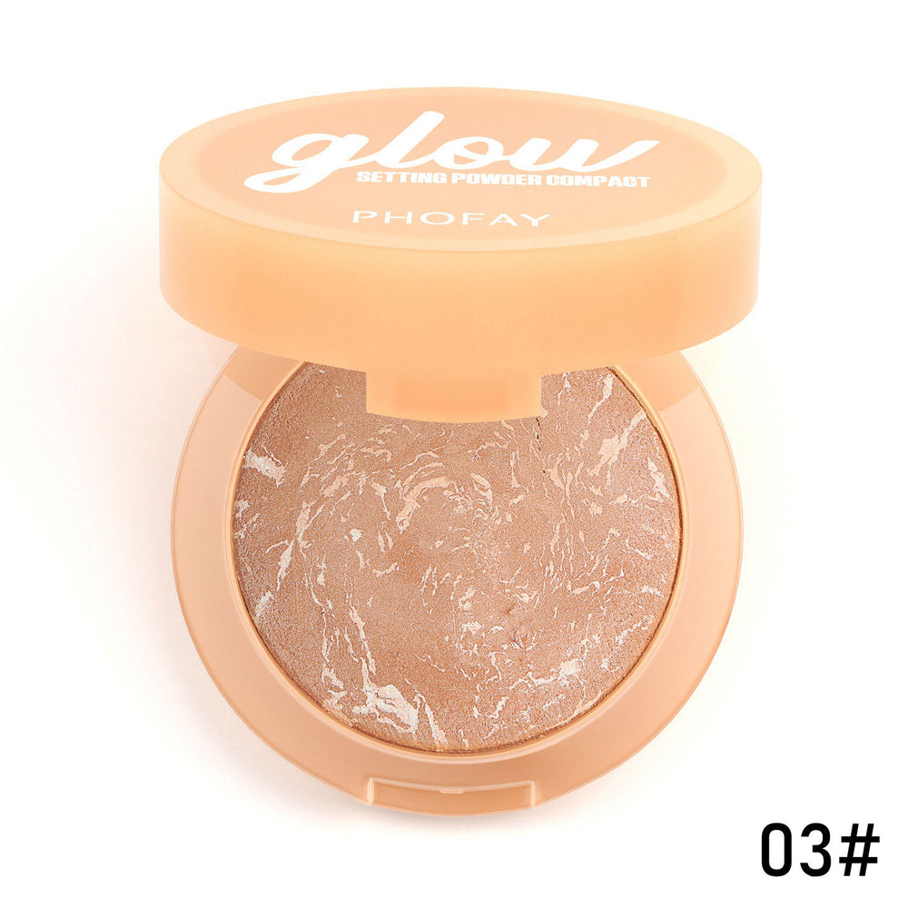 Compact powder with a marbled design and 'glow' branding on a white background