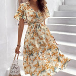 Women Bohemian Spring Short sleeve Casual flowy V-neck Tie belt Floral Summer Midi Dress - EX-STOCK CANADA