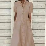 Women's European And American Lapel Casual loose button down Midi Denim jeans Mum Dress - EX-STOCK CANADA