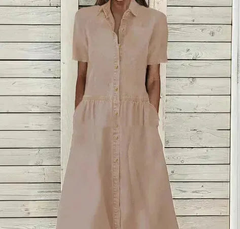 Women's European And American Lapel Casual loose button down Midi Denim jeans Mum Dress - EX-STOCK CANADA