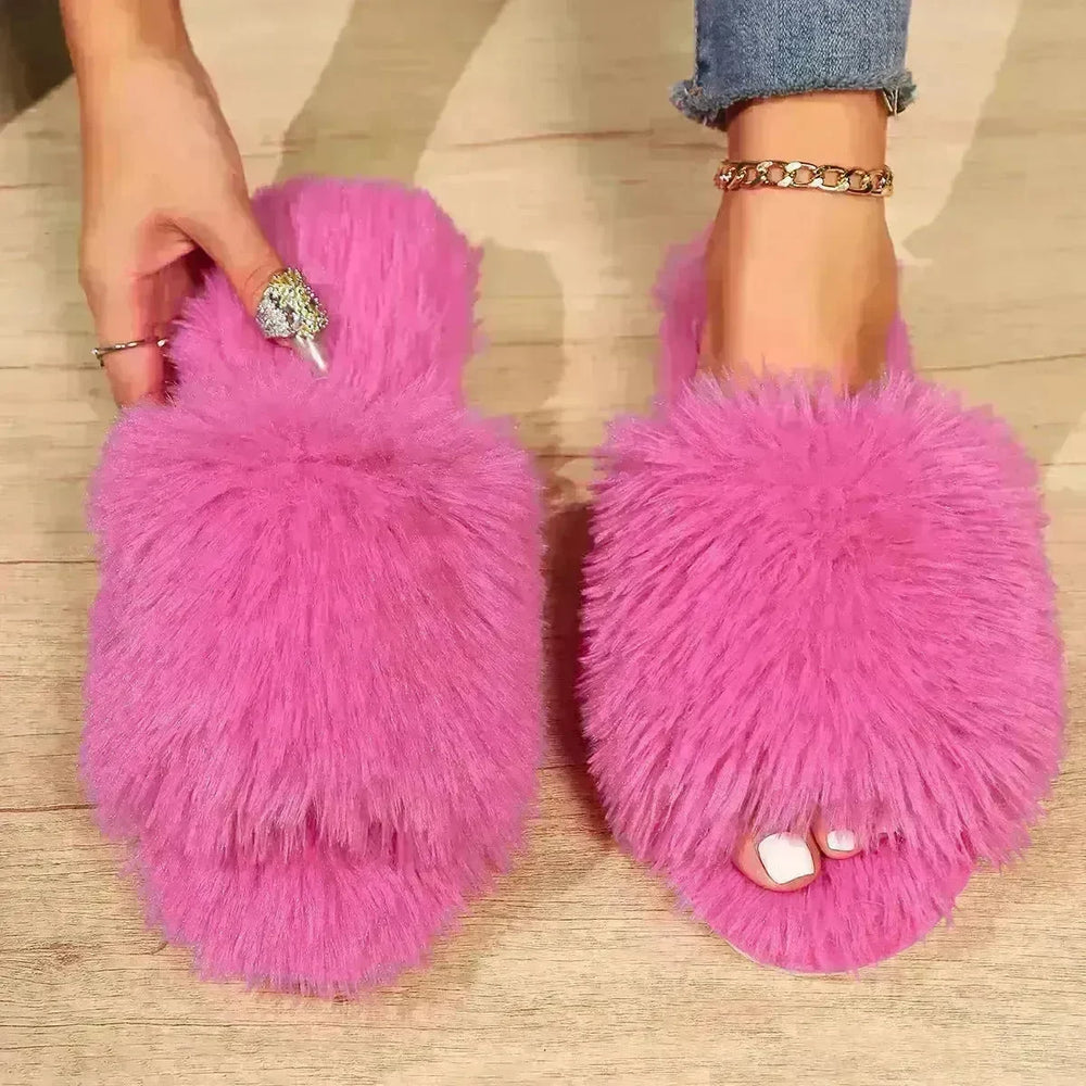 Fashion Open-toed Plush Slippers Winter Warm Indoor Bedroom Floor Soft Fluffy Slipper For Couple Solid Color House Shoes Women - EX-STOCK CANADA