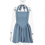 Women sleeveless Sling Waist jeans Denim Dress Backless halter neck flared mini dress - EX-STOCK CANADA