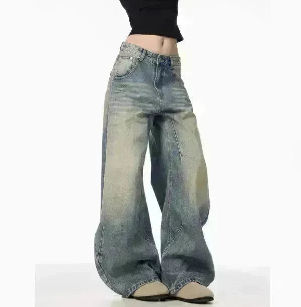 American Retro Washed Distressed Loose Wide-leg Baggy Jeans Pant For Women - EX-STOCK CANADA