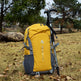 Yellow backpack with gray straps and a hiking pole on grass with trees in the background