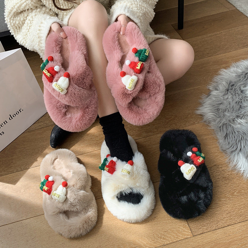 Christmas Hat Fluffy Slippers Women's Warm Toe Covering Cotton Slippers EX-STOCK Canada 