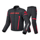 Black motorcycle jacket and pants with 'IOMOTO' branding on a white background