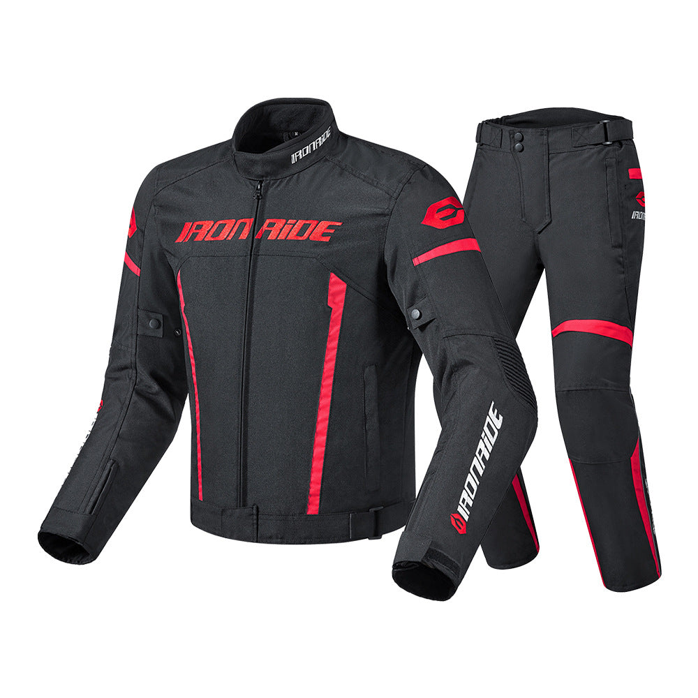 Black motorcycle jacket and pants with 'IOMOTO' branding on a white background