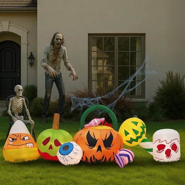 8FT Long Halloween Inflatables Pumpkins Eyeball Candy Outdoor Decorations, Blow Up Yard Decoration With Built-in LEDs Lighted For Lawn Garden Outside Indoor Decor EX-STOCK