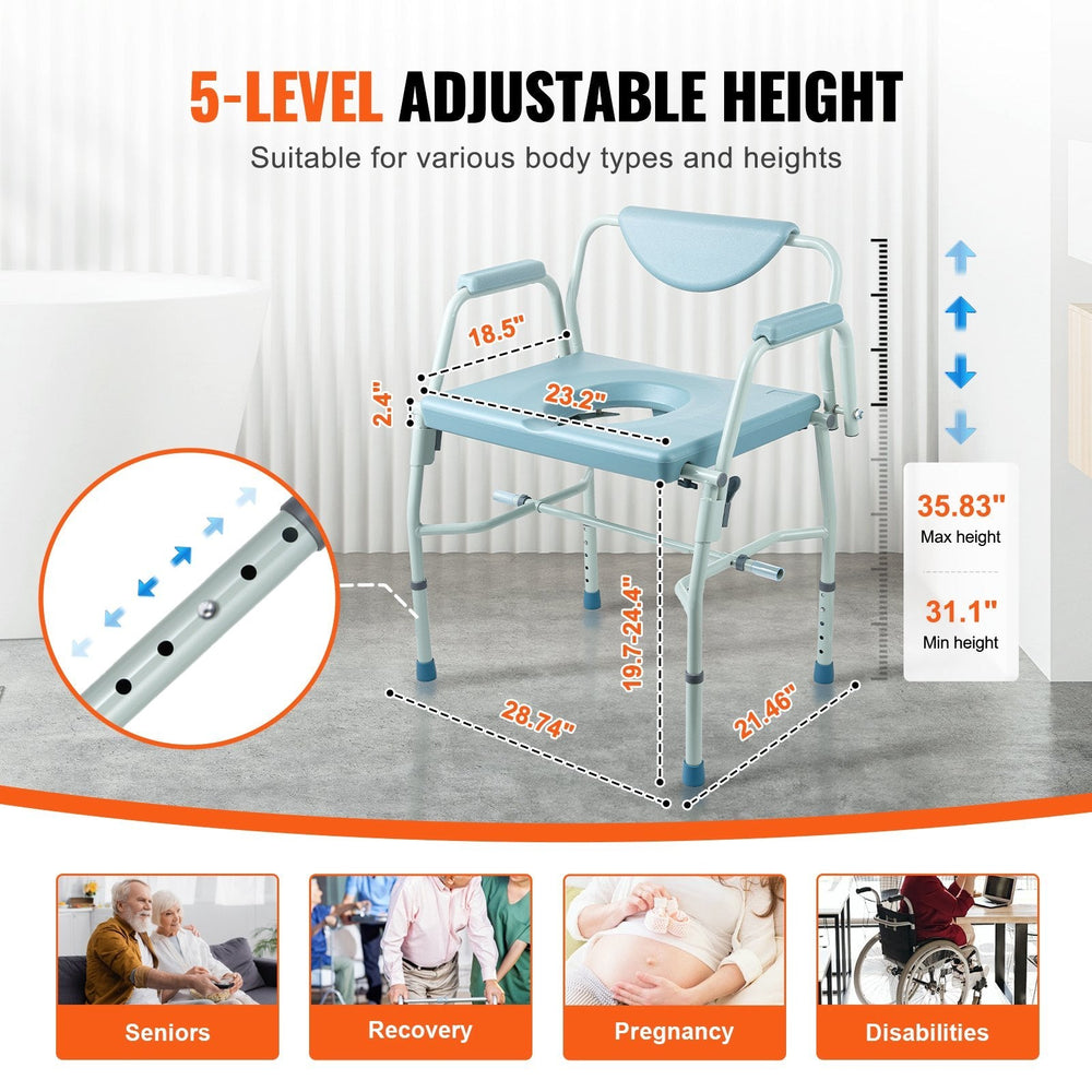 Commode Chair, Bedside Commode With Drop-Down Arms And Detachable Backrest, 5-Level Adjustable Height, 7L Removable Bucket, Easy To Assemble, 1000LBS Capacity, Portable Toilet For Adults Seniors EX-STOCK