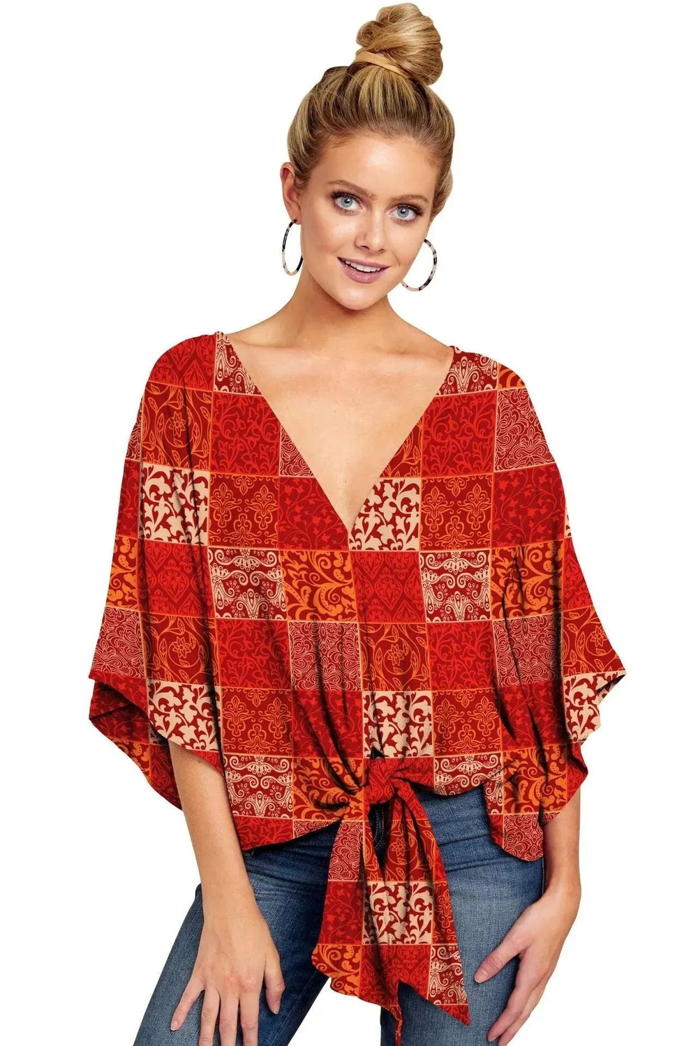 New V Neck Blouse Women Leopard Print Floral Tie Front Blouses Batwing Summer Oversize Ladies Tops - EX-STOCK CANADA