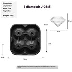 Black diamond-shaped ice cube tray with measurements and a 4-row diamond model on a white background.