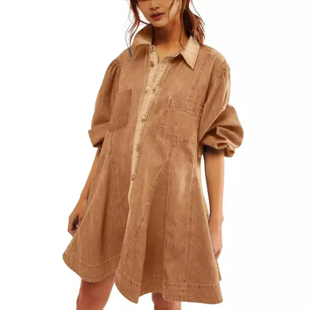 Women's Long Lantern Sleeve Button Denim Dress - EX-STOCK CANADA