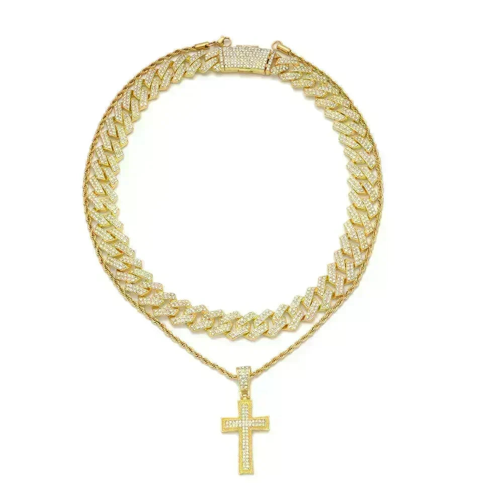 Full Diamond Cross Pendant Cuban Link Chain - EX-STOCK CANADA