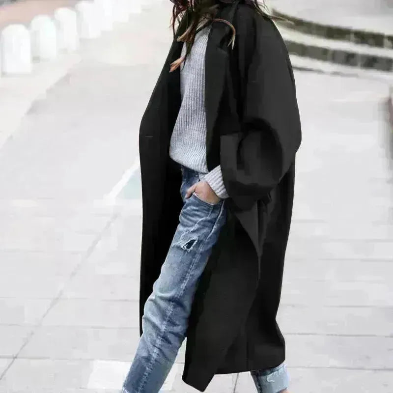 Lapel Single Breasted Women Winter Solid Woolen Trench Coat Long Jacket