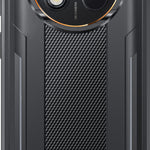 Back view of a black smartphone with carbon fiber texture and Oukitel branding.