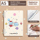 A5 size elephant ice cream cone themed notebook with spiral binding, shown alongside feature callouts for removable hinges and writing without hand, on a beige background.