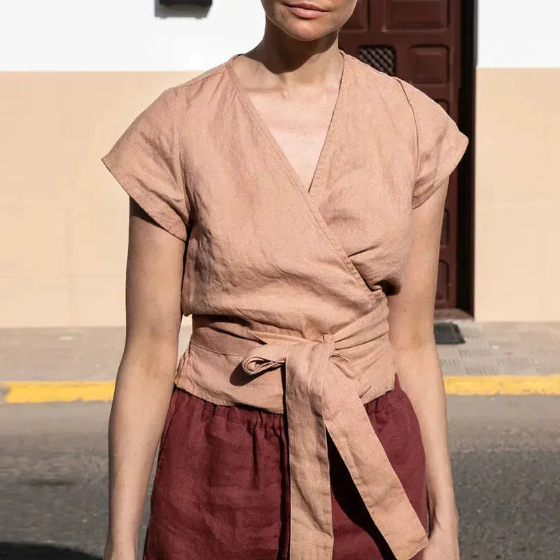 Casual Summer Lace-up Cotton Linen V-neck Top Short-sleeved blouse top women - EX-STOCK CANADA