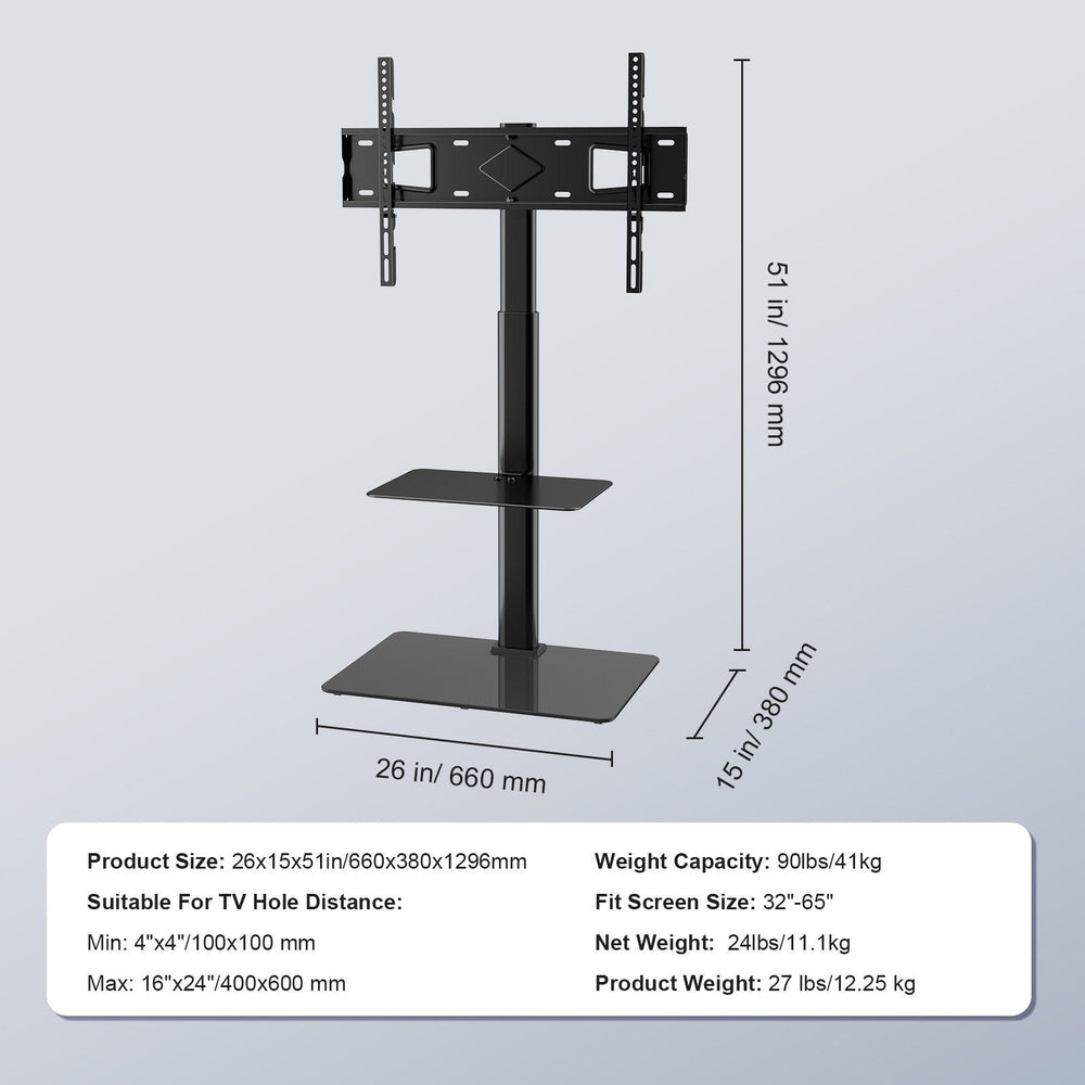 TV Stand Mount, Swivel Tall TV Stand For 32 To 65 Inch TVs, Height Adjustable Portable Floor TV Stand With Tempered Glass Base For Bedroom, Living Room EX-STOCK