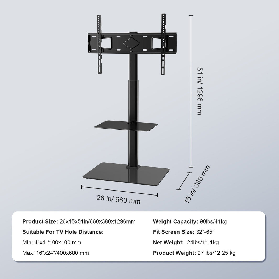 TV Stand Mount, Swivel Tall TV Stand For 32 To 65 Inch TVs, Height Adjustable Portable Floor TV Stand With Tempered Glass Base For Bedroom, Living Room EX-STOCK
