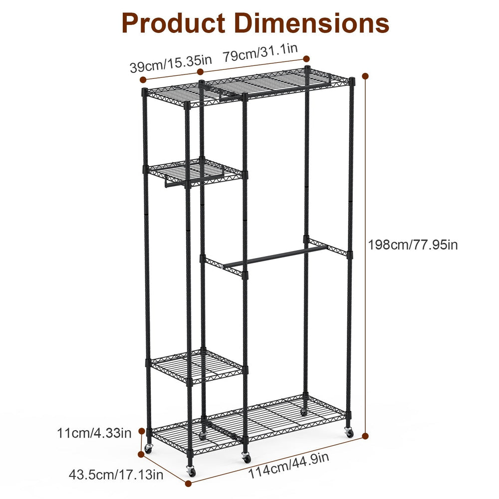 1Pc 4 Tier Heavy Duty Garment Rack With Wheels Carbon Steel Clothing Rack Portable Wardrobe Clothes Rack With 3 Hanging Rods 6 Footrests 44.9x17.13x77.95in EX-STOCK