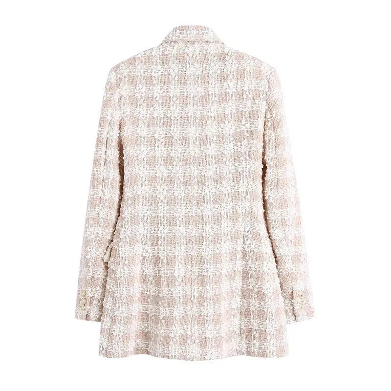 Elegant Luxury Lapel Long Sleeved Double Breasted Check tweed Blazer Women - EX-STOCK CANADA