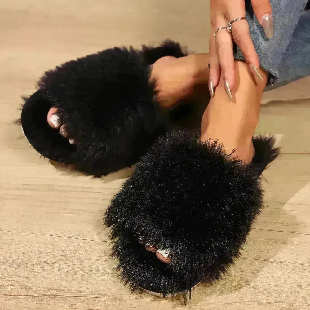 Fashion Open-toed Plush Slippers Winter Warm Indoor Bedroom Floor Soft Fluffy Slipper For Couple Solid Color House Shoes Women - EX-STOCK CANADA