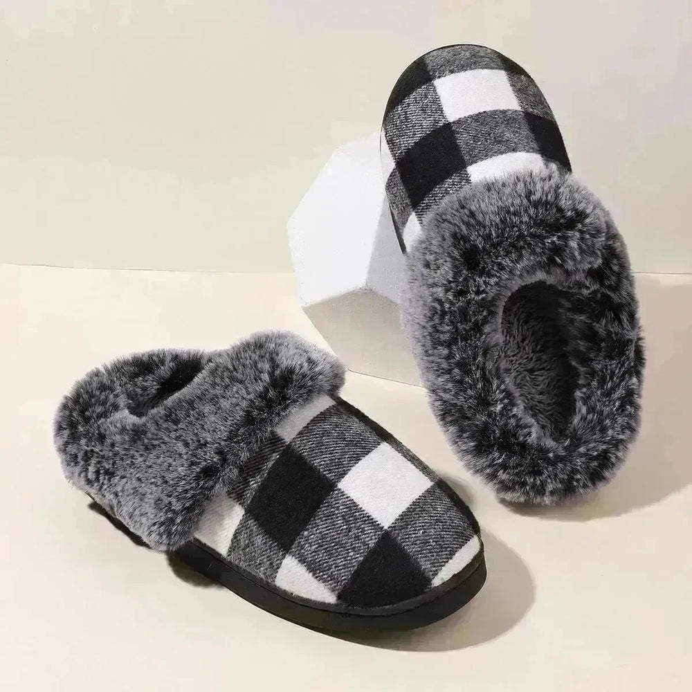 Winter Warm Plaid Plush Slippers Home Indoor Non-slip Bedroom Floor Soft Fuzzy Slipper For Couple Fashion Solid House Shoes - EX-STOCK CANADA