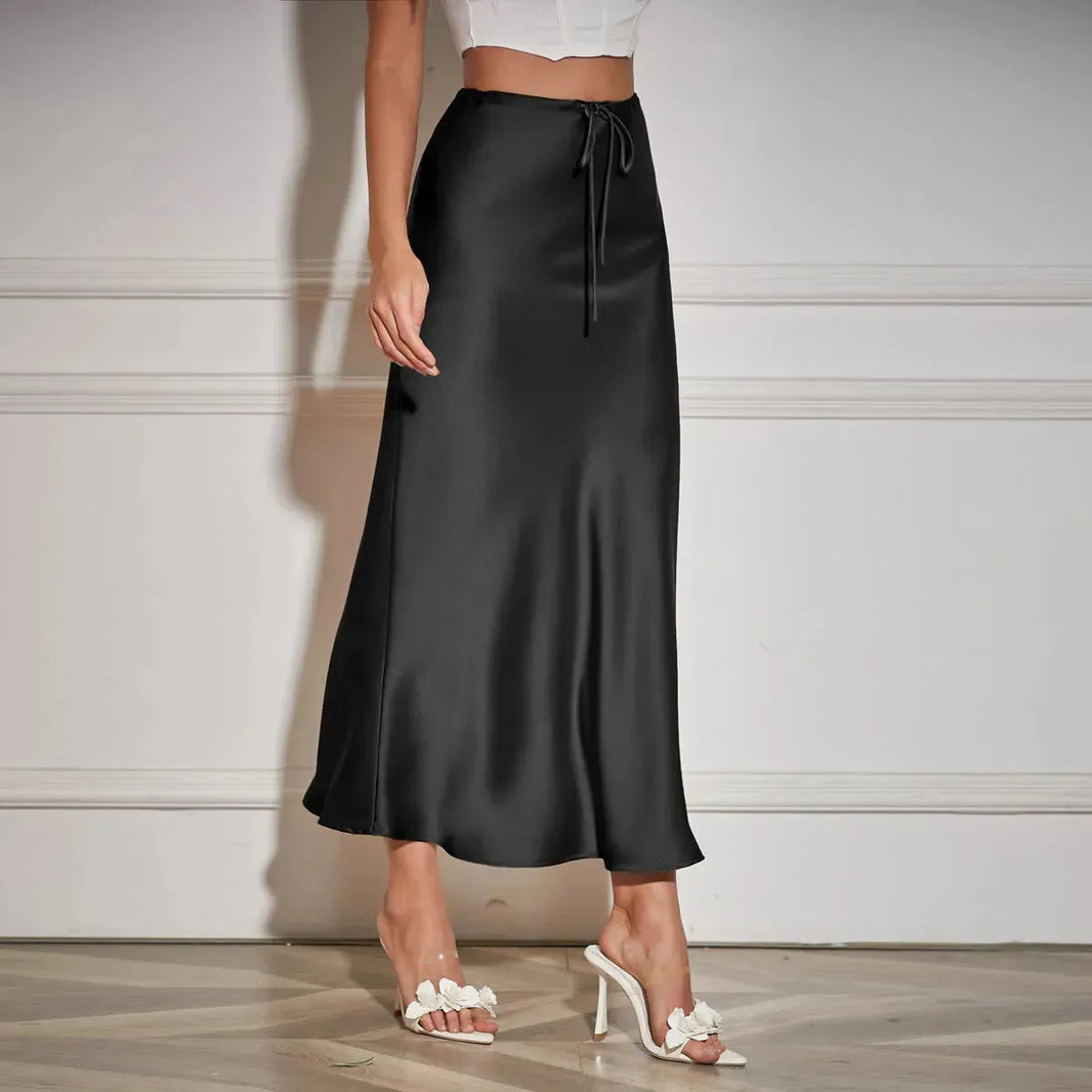 High Quality Satin Silk High Waist Drawstring Lace-up Solid Women Satin Midi Skirt - EX-STOCK CANADA