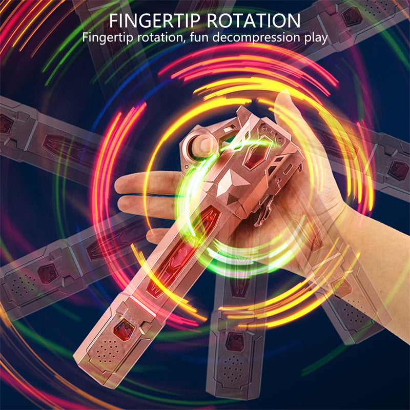 Mano che tiene un giocattolo con effetti luminosi colorati e testo sulla rotazione con la punta delle dita.