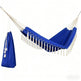 A royal blue hammock with white rope suspension and tassels, shown on a plain white background alongside a matching blue drawstring storage bag.