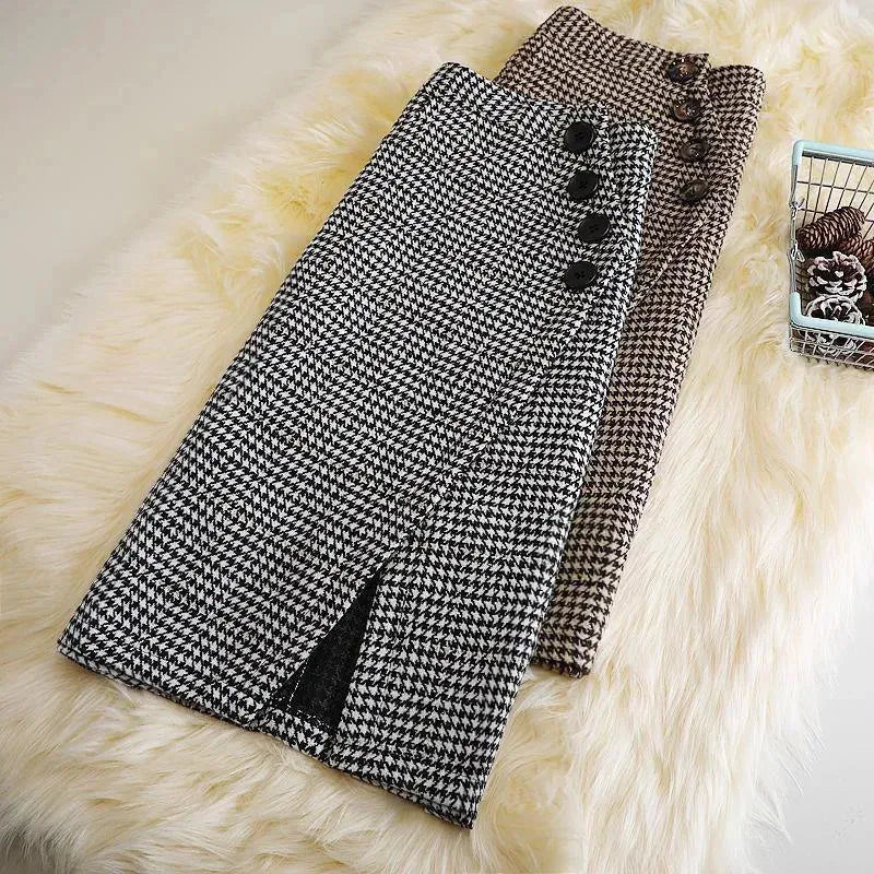 Elegant Women's  professional formal business office work Slit Houndstooth pencil Midi Skirt - EX-STOCK CANADA