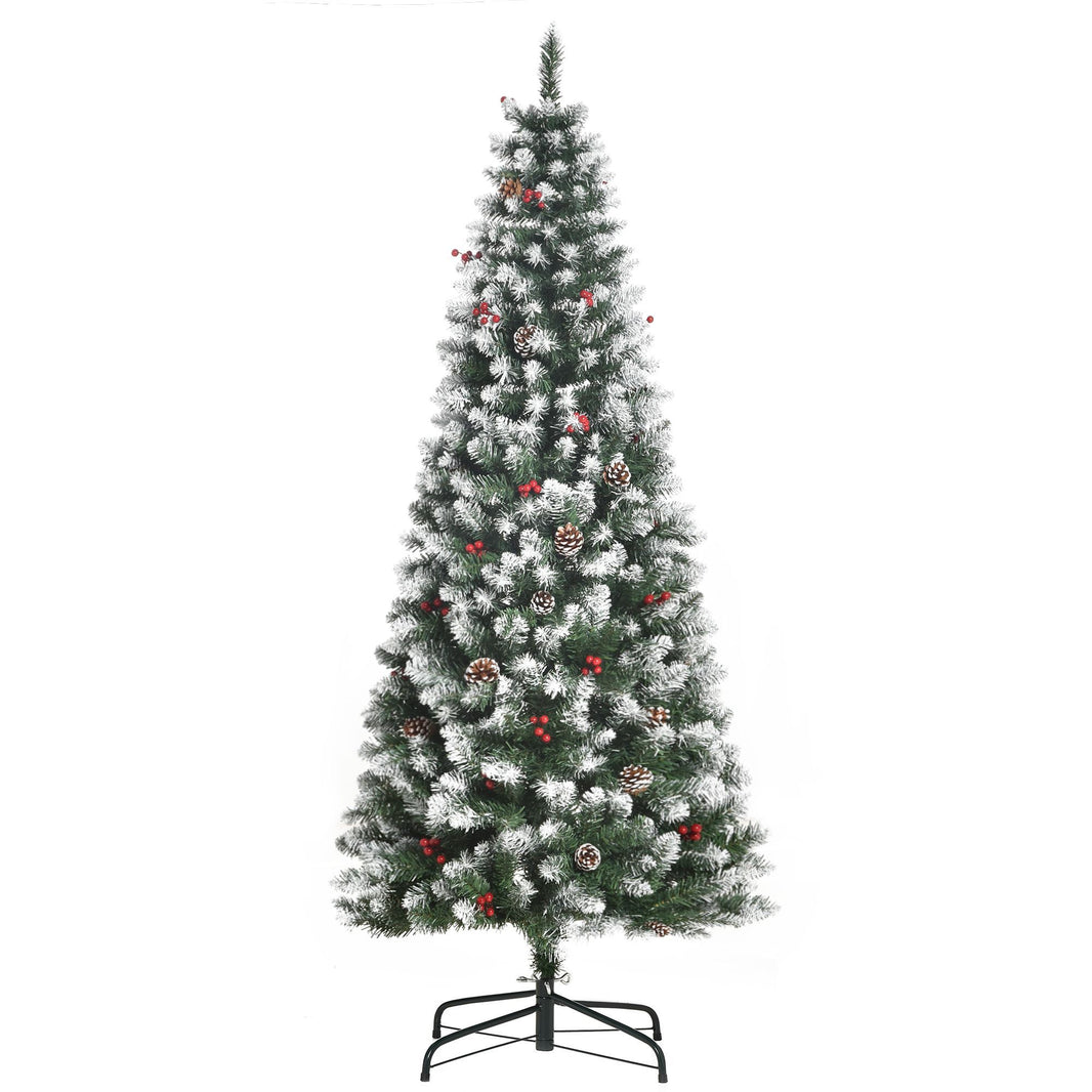 6ft Decorated Christmas Tree With Red Berries And Pine Cones, Flocked Christmas Tree With Pencil Shape, Green EX-STOCK Canada 