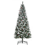 6ft Decorated Christmas Tree With Red Berries And Pine Cones, Flocked Christmas Tree With Pencil Shape, Green EX-STOCK Canada 