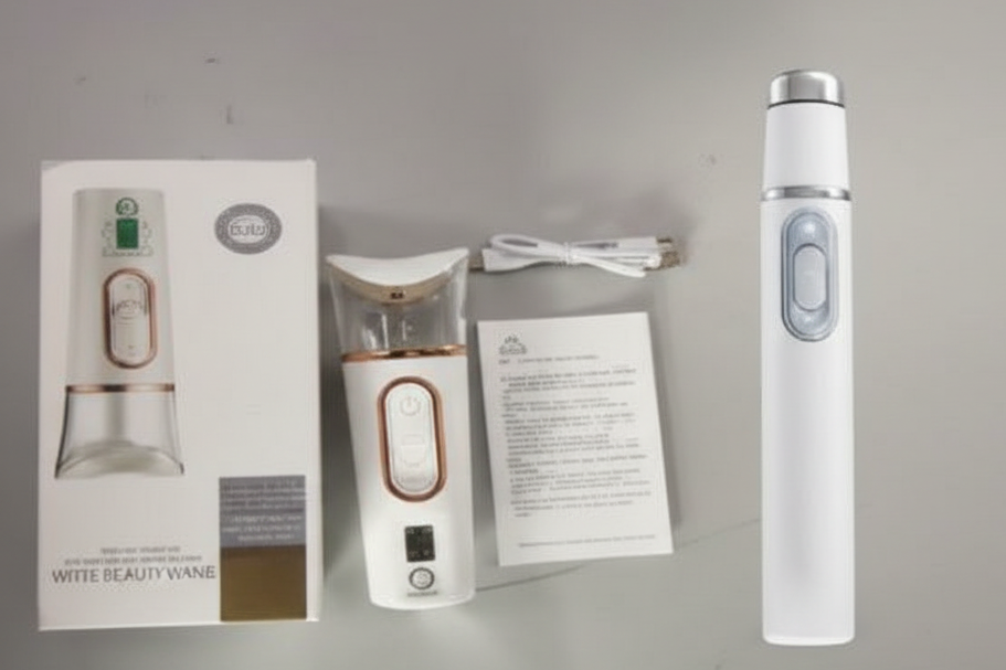 Dispositivo White Beauty Wand mostrato con la sua confezione al dettaglio, cavo di ricarica e manuale d'istruzioni su uno sfondo grigio chiaro.